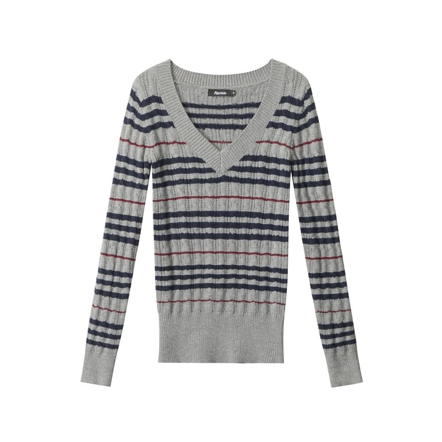 Striped V-Neck Long-Sleeved Slim-Fit Sweater