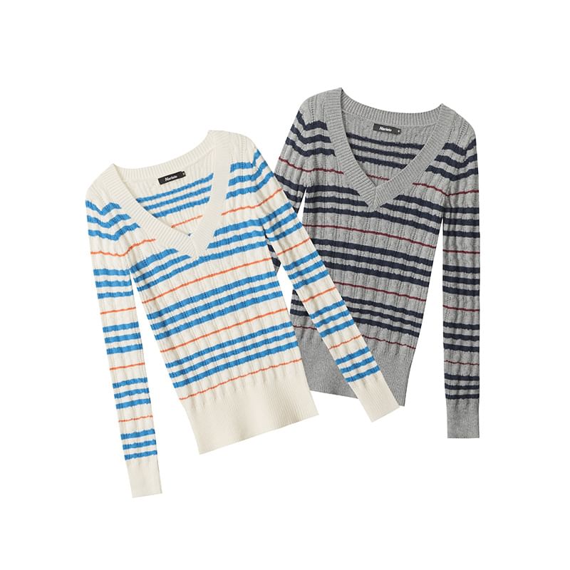 Striped V-Neck Long-Sleeved Slim-Fit Sweater