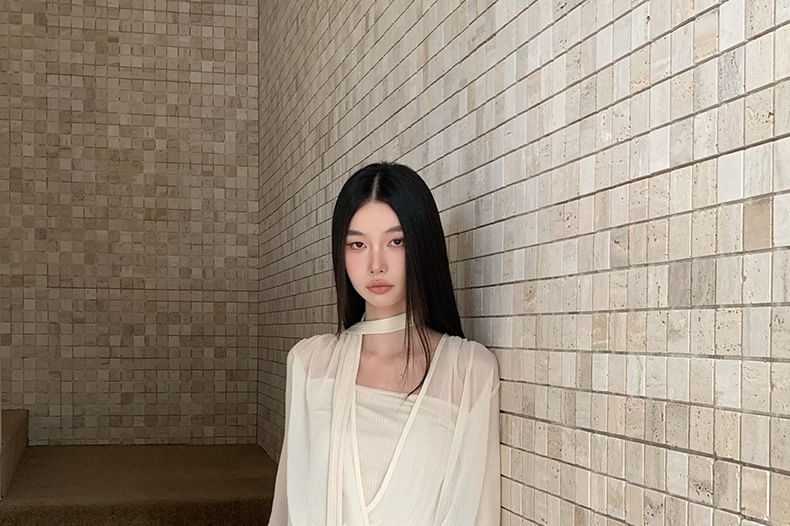 Mesh Wrap Top with Mock Layer and Long Sheer Sleeves