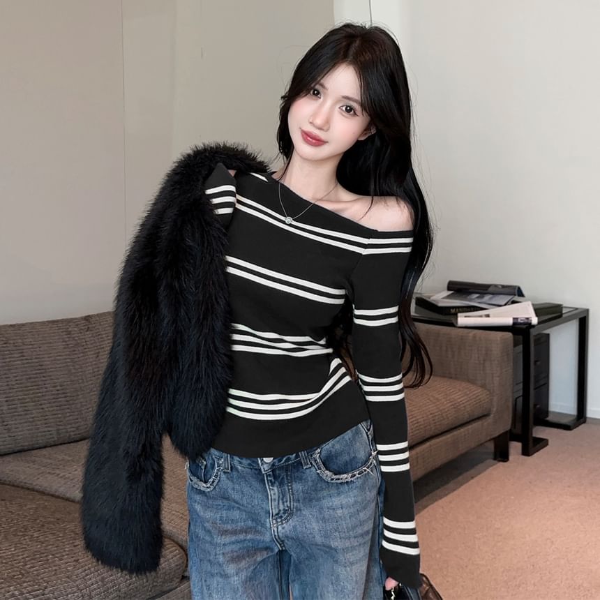 Striped Off-Shoulder Knit Top with Long Ruffled Sleeves