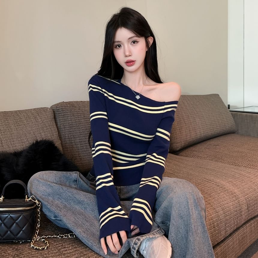 Striped Off-Shoulder Knit Top with Long Ruffled Sleeves