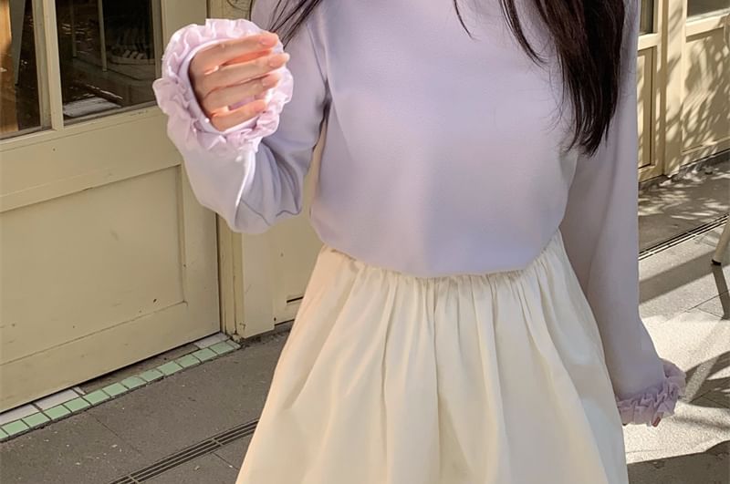 Ruffled Mock Neck Long-Sleeve Tee for Everyday Wear