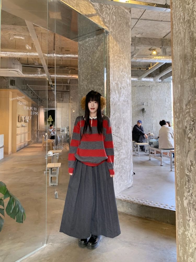 Henley Striped Sweater & Pleated Maxi Skirt Two-Piece Set