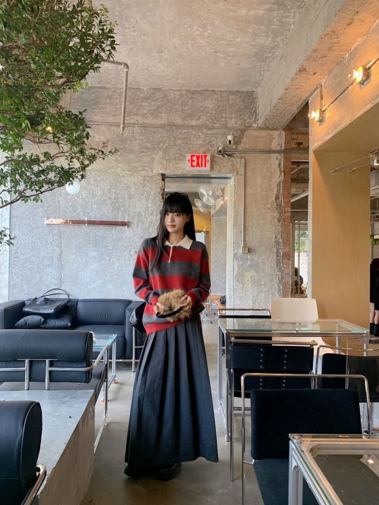 Henley Striped Sweater & Pleated Maxi Skirt Two-Piece Set