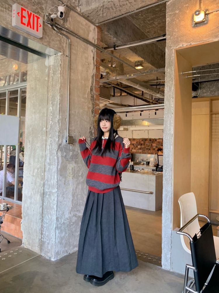 Henley Striped Sweater & Pleated Maxi Skirt Two-Piece Set