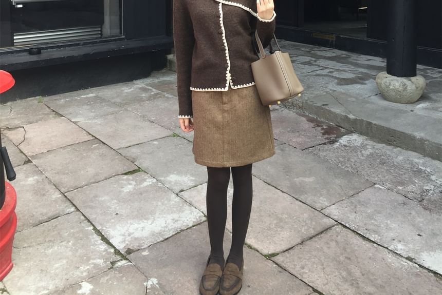 Asymmetrical Contrast Trim Cardigan & Mini Skirt Set