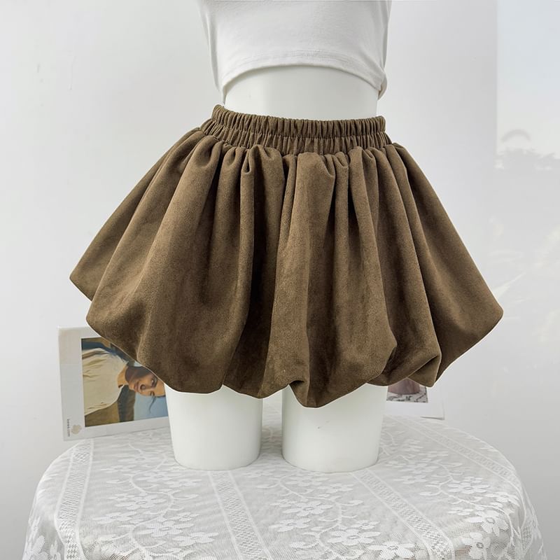 Elastic Waist Bubble Hem Faux Suede Mini A-Line Skirt