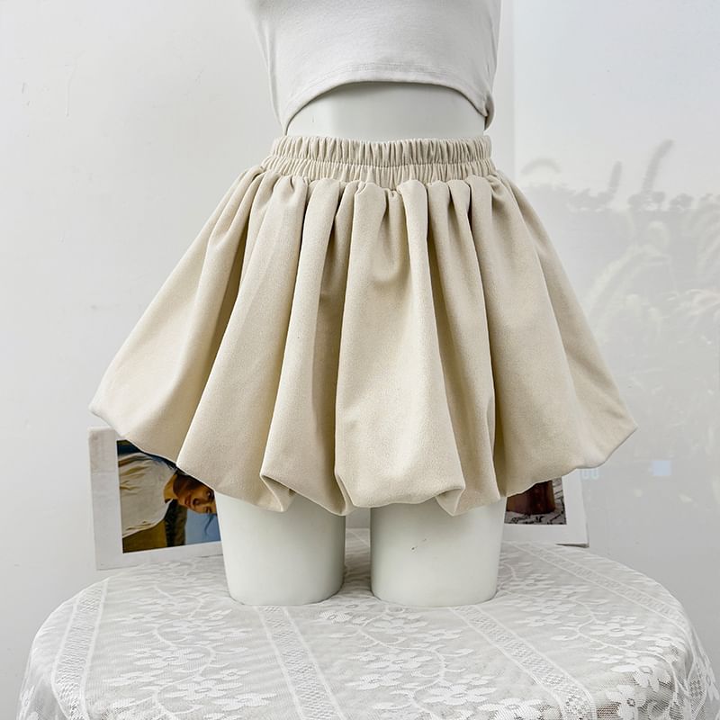 Elastic Waist Bubble Hem Faux Suede Mini A-Line Skirt