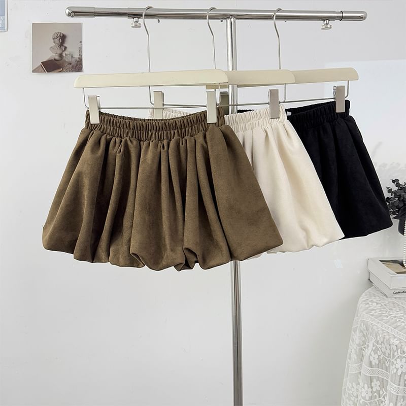 Elastic Waist Bubble Hem Faux Suede Mini A-Line Skirt