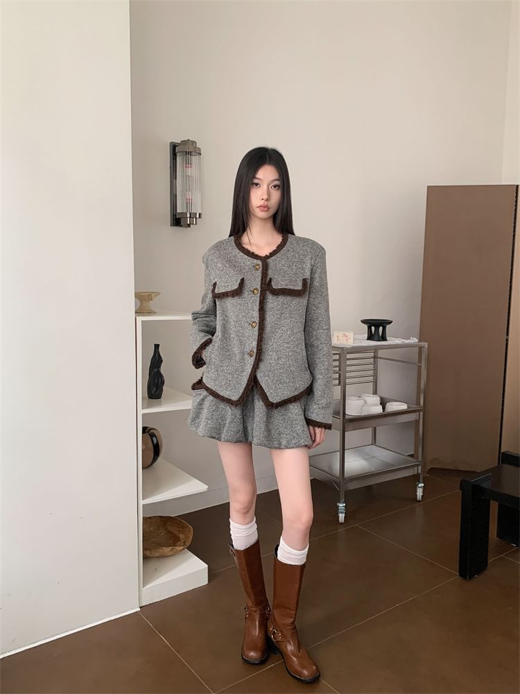 Round Neck Blazer & Mini A-Line Skirt Set