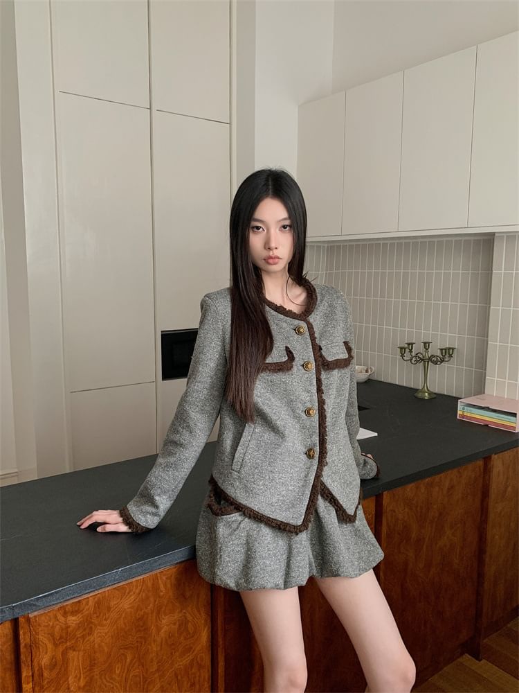 Round Neck Blazer & Mini A-Line Skirt Set