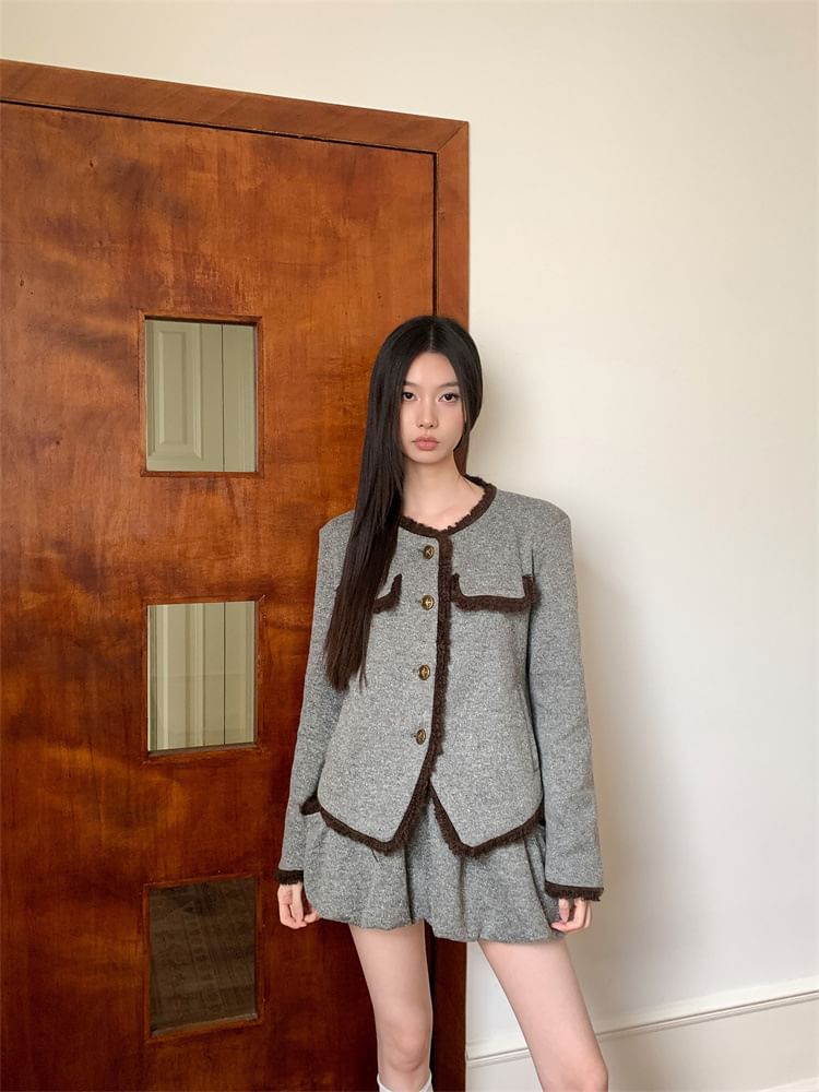 Round Neck Blazer & Mini A-Line Skirt Set