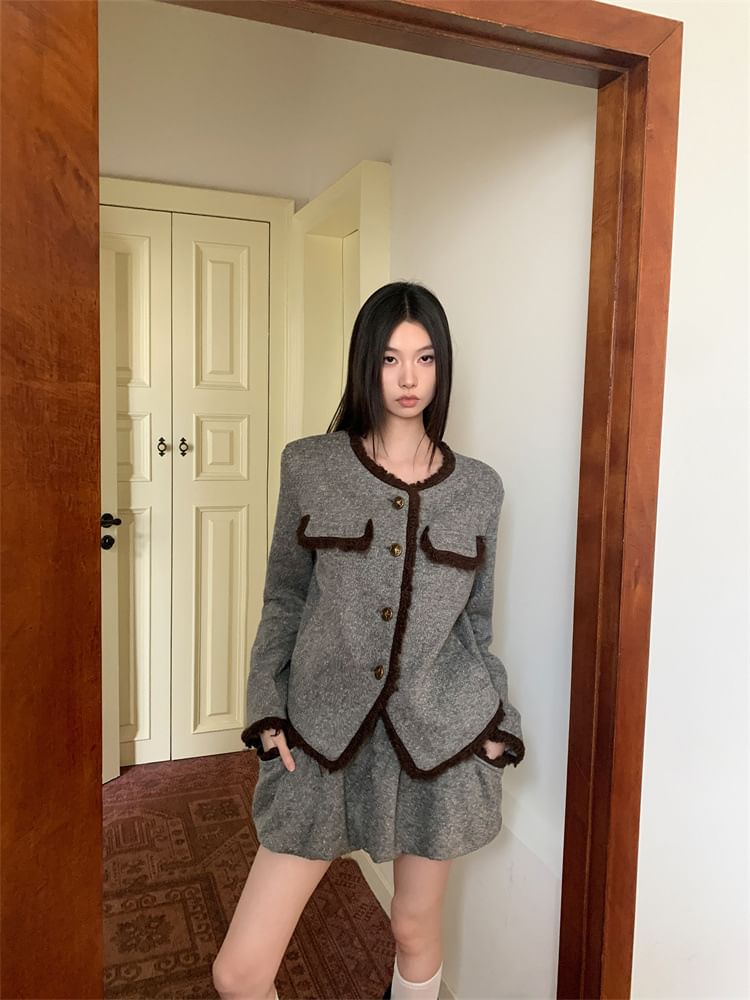 Round Neck Blazer & Mini A-Line Skirt Set