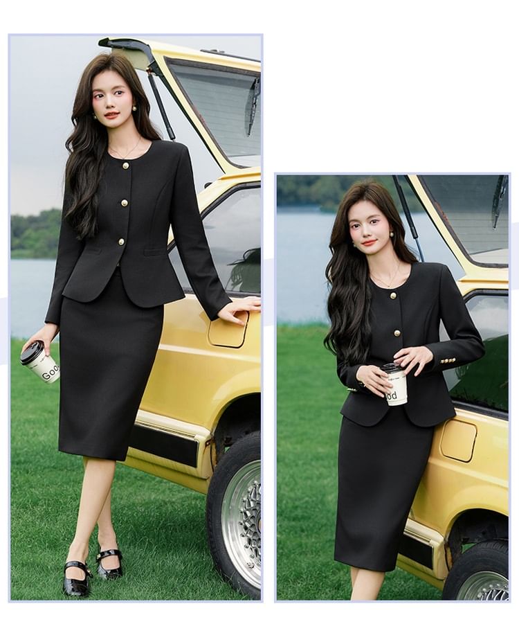 Round Neck Blazer, Midi Pencil Skirt, Wide Leg Trousers