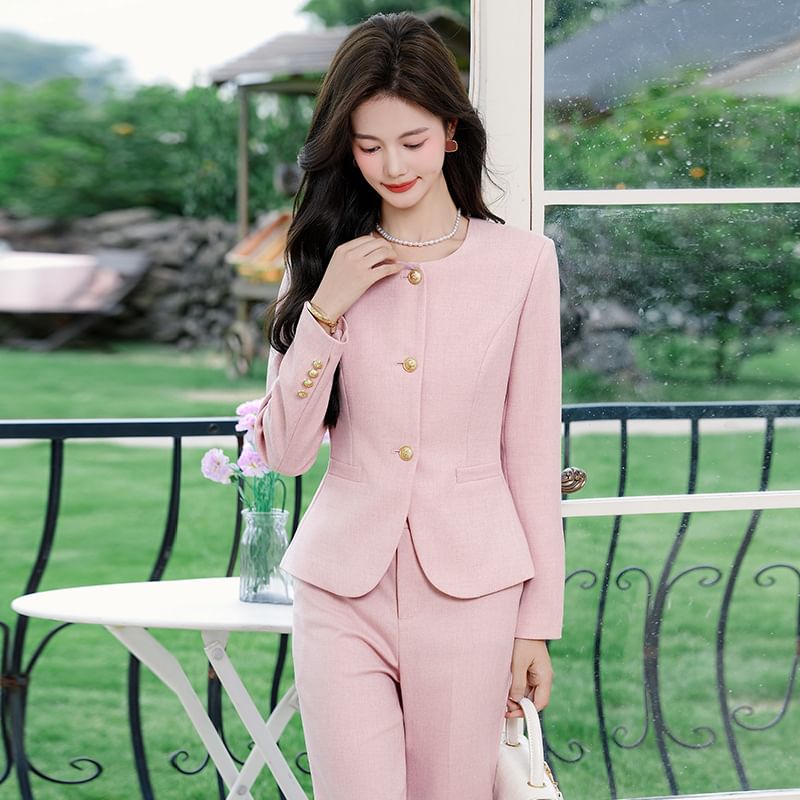 Round Neck Blazer & Midi Pencil Skirt & Slacks Set