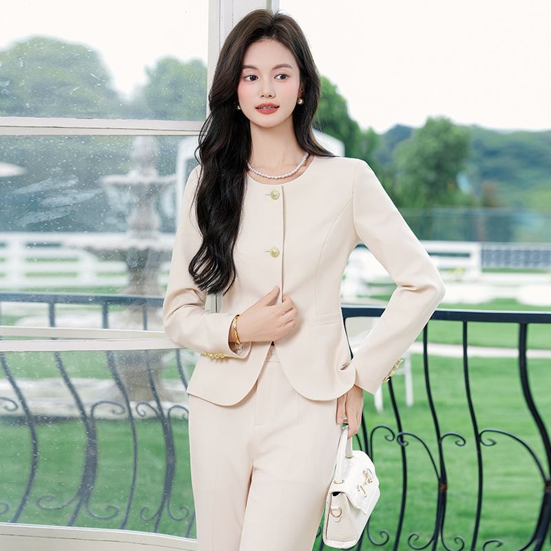 Round Neck Blazer & Midi Pencil Skirt & Slacks Set