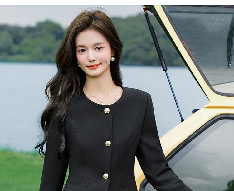 Round Neck Blazer & Midi Pencil Skirt & Slacks Set