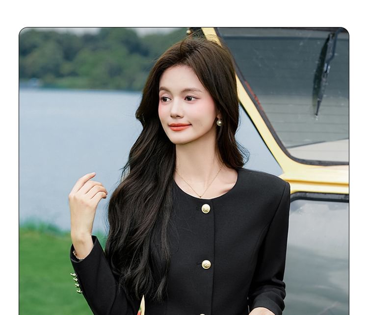 Round Neck Blazer & Midi Pencil Skirt & Slacks Set