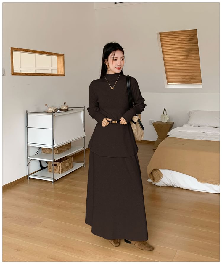 Elegant Crew Neck Knit Top & Flowing A-Line Skirt Ensemble