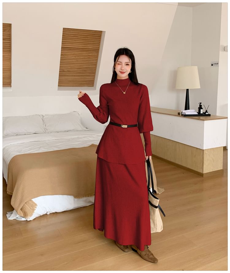 Elegant Crew Neck Knit Top & Flowing A-Line Skirt Ensemble