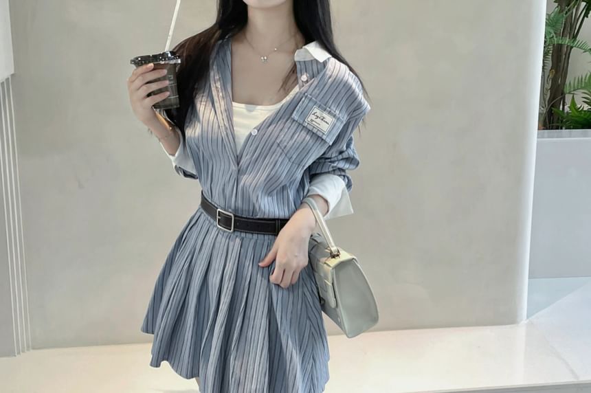 Long Sleeve Striped Button Up Shirt and Mini A-Line Skirt