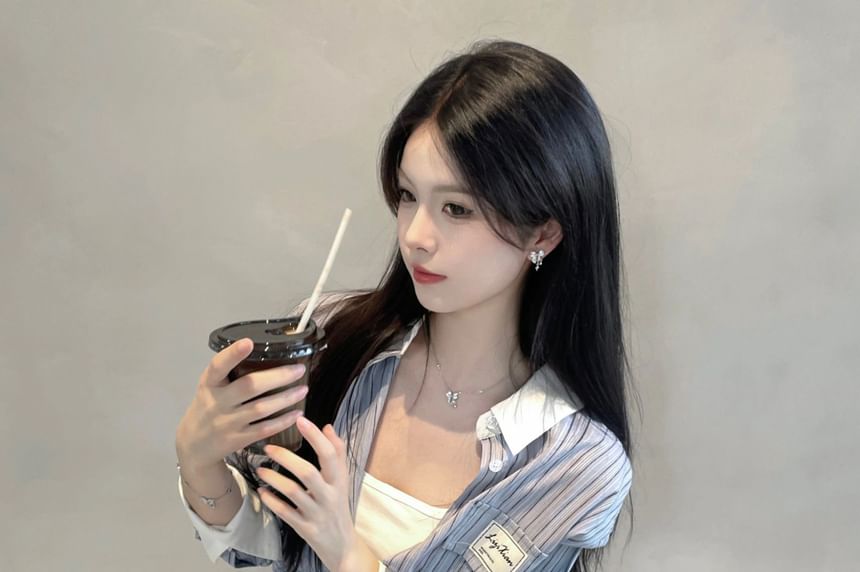Long Sleeve Striped Button Up Shirt and Mini A-Line Skirt