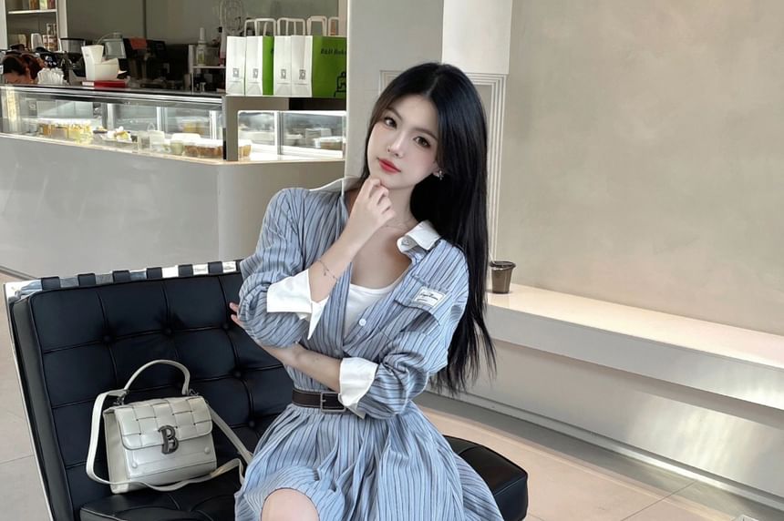 Long Sleeve Striped Button Up Shirt and Mini A-Line Skirt