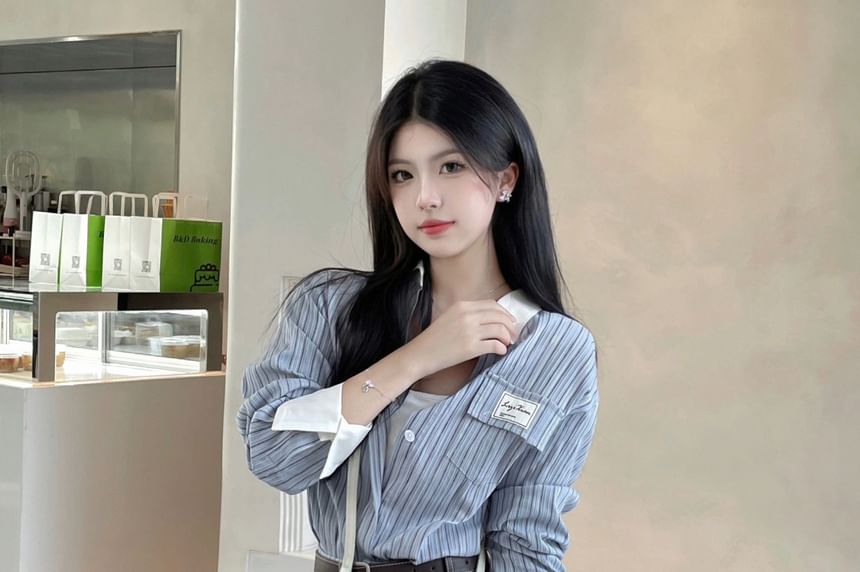 Long Sleeve Striped Button Up Shirt and Mini A-Line Skirt