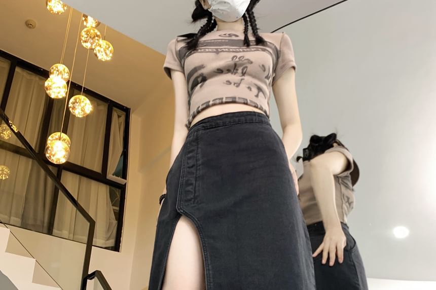 High Rise Washed Denim Slit Midi A-Line Skirt
