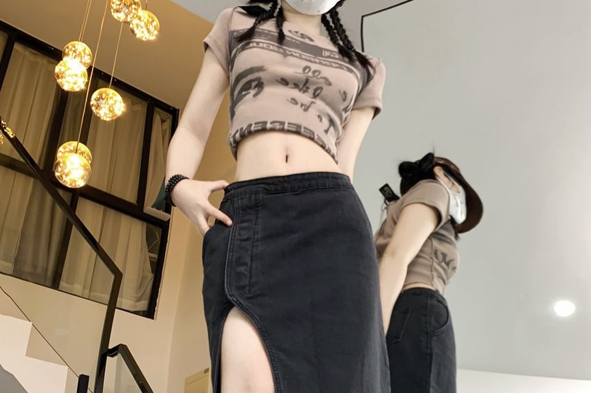 High Rise Washed Denim Slit Midi A-Line Skirt