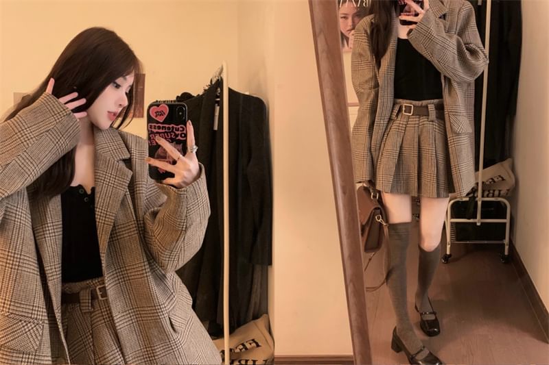 Plaid Pleated Mini Skirt & One-Button Blazer Set