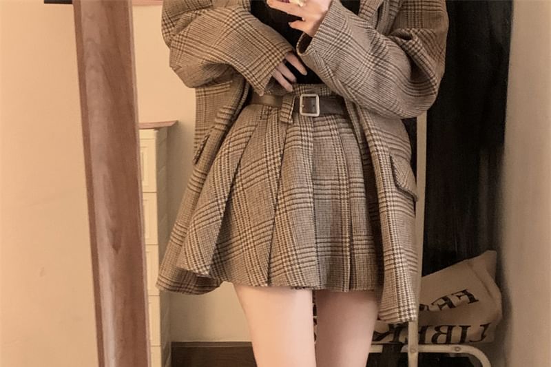 Plaid Pleated Mini Skirt & One-Button Blazer Set
