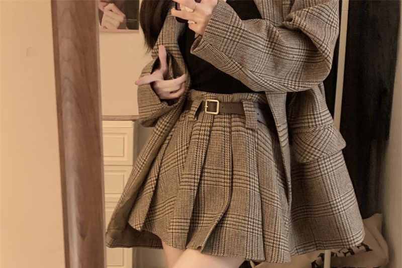 Plaid Pleated Mini Skirt & One-Button Blazer Set