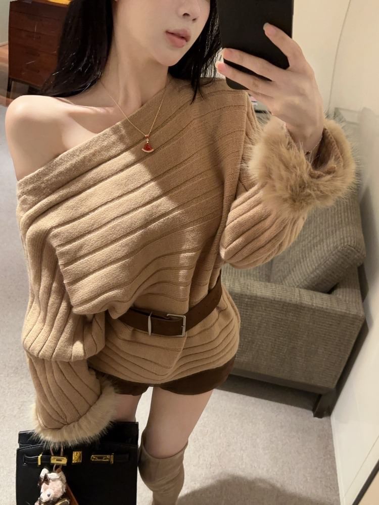 Chic Off-Shoulder Sweater with Fluffy Sleeves & Waist Belt