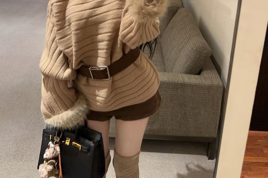 Chic Off-Shoulder Sweater with Fluffy Sleeves & Waist Belt