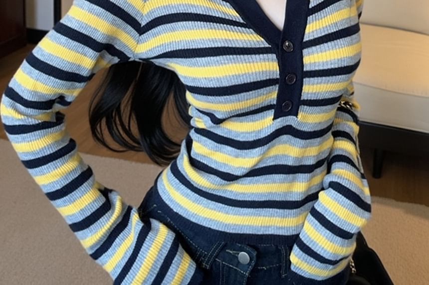Slim-Fit Striped Knit Top with Contrast Collar