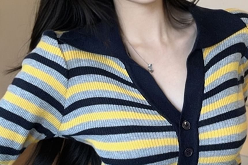 Slim-Fit Striped Knit Top with Contrast Collar