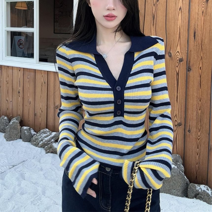 Slim-Fit Striped Knit Top with Contrast Collar