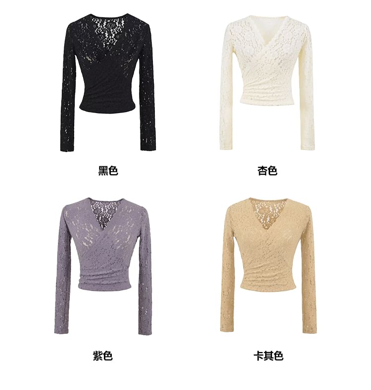 Lace-Trimmed V-Neck Crop Top with Long Sleeves