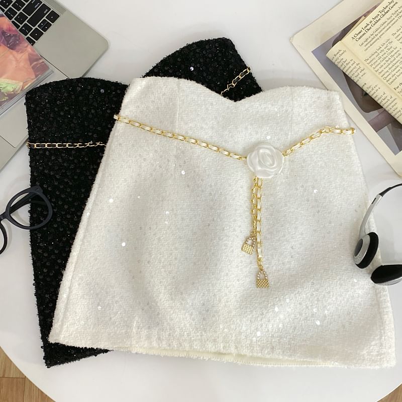 Sequin Mini A-Line Skirt with Chain Belt Set