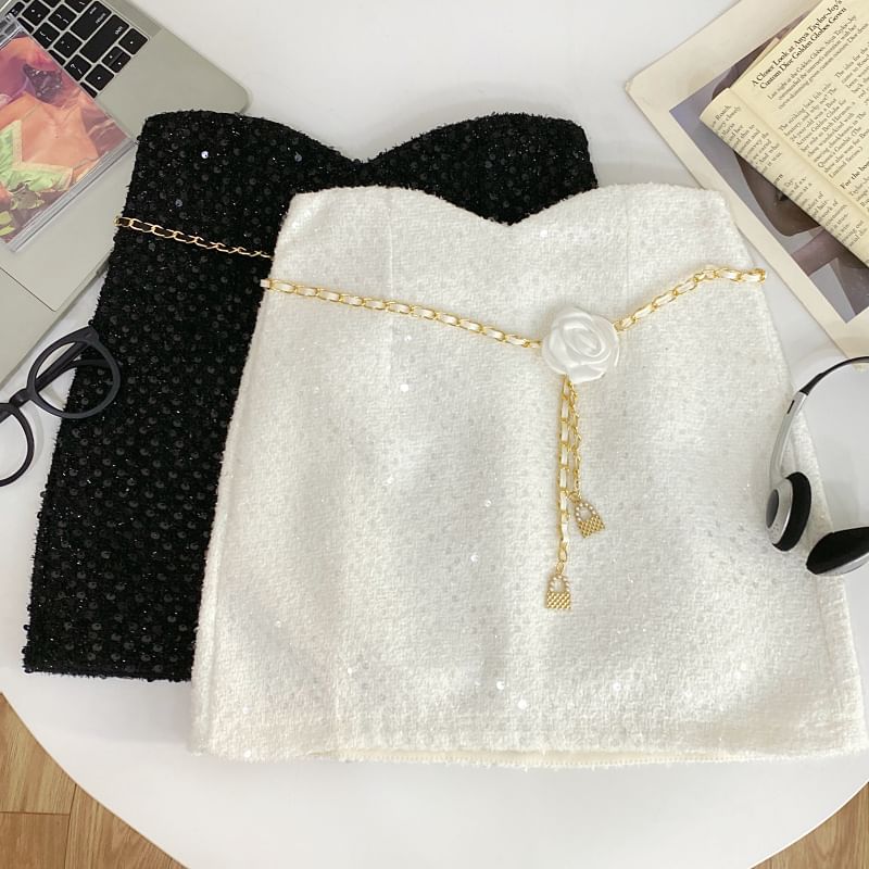 Sequin Mini A-Line Skirt with Chain Belt Set