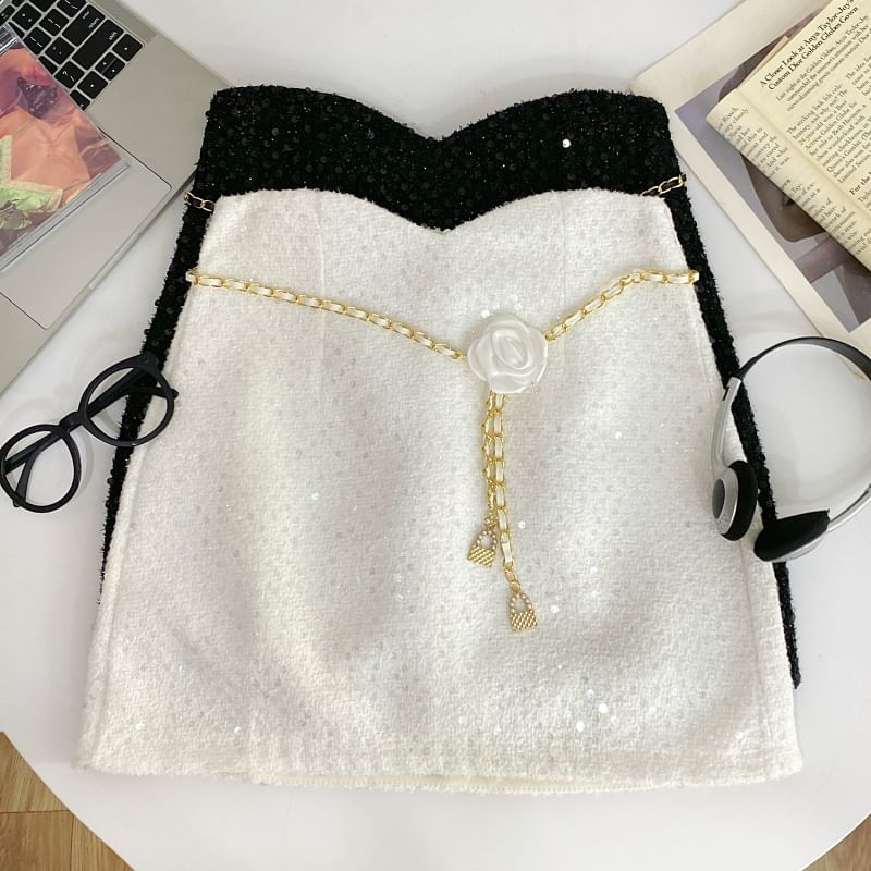 Sequin Mini A-Line Skirt with Chain Belt Set