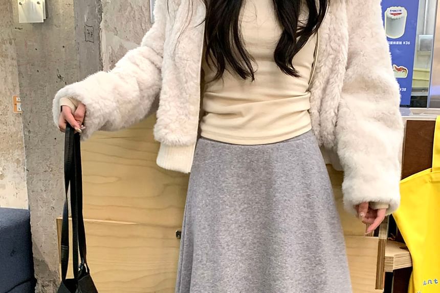 Fleece-Lined High Waist Plain Maxi A-Line Skirt