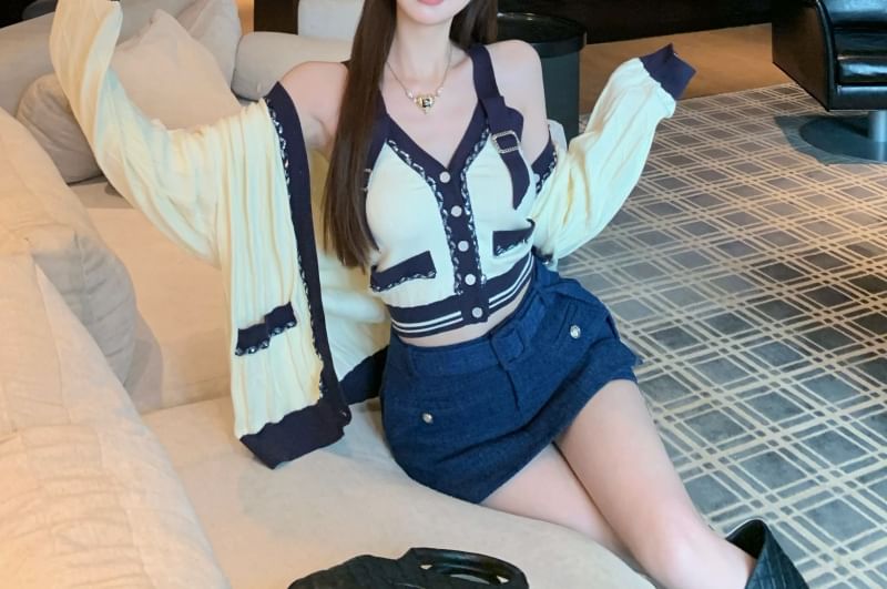 Contrast Trim Buckled V-Neck Knit Crop Camisole and Pencil Skirt with Cardigan