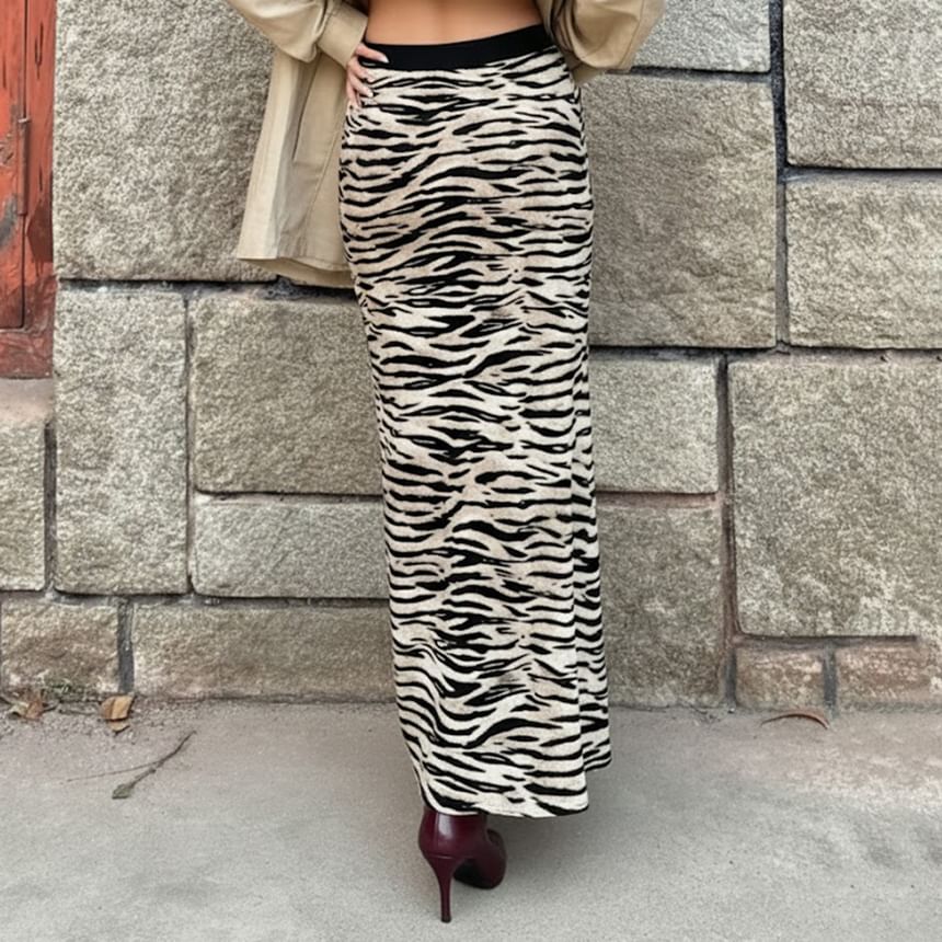 Mid-Rise Zebra Print Maxi Pencil Skirt