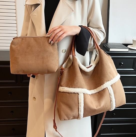 Fleece Trim Shoulder Bag With Pouch