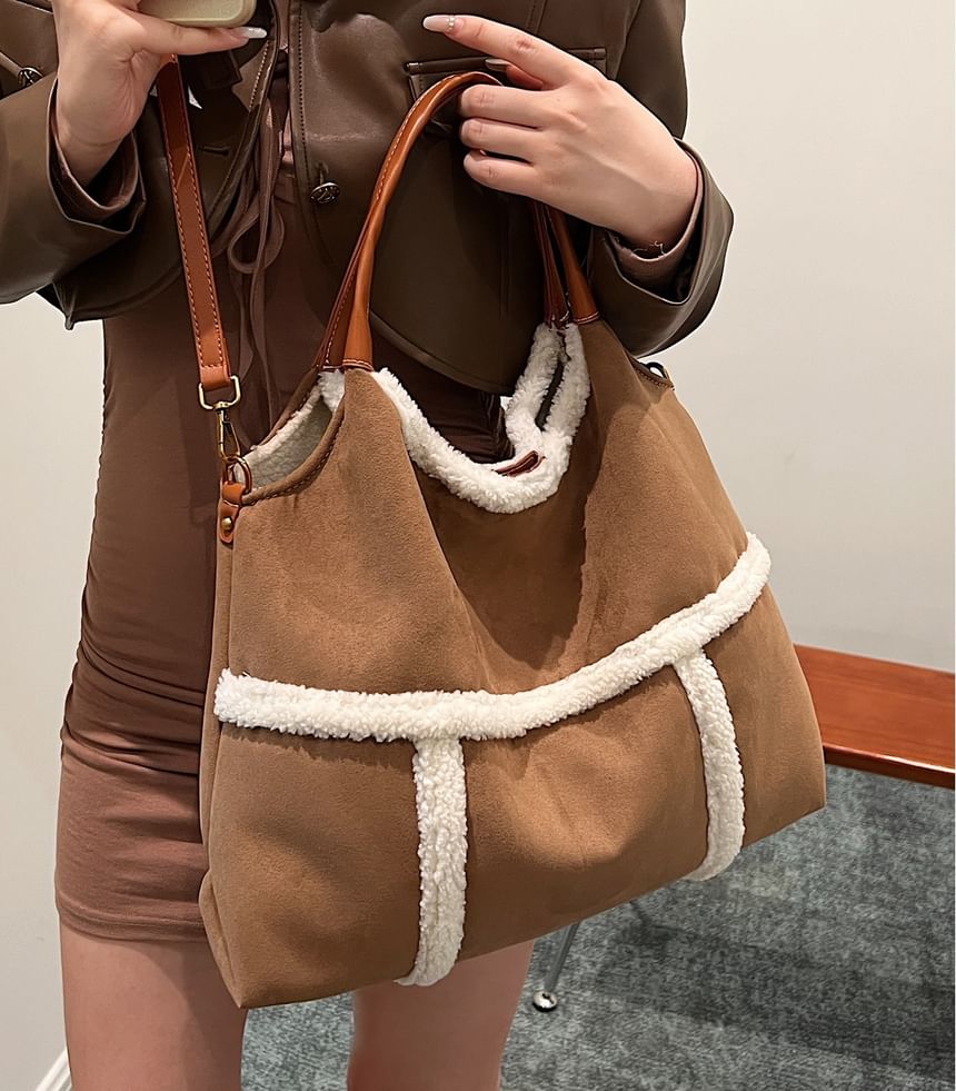 Fleece Trim Shoulder Bag With Pouch