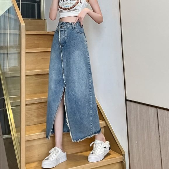 Asymmetrical Washed Denim Midi A-Line Skirt with Slit