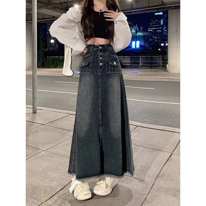 Washed Denim Maxi A-Line Skirt with Button Fly