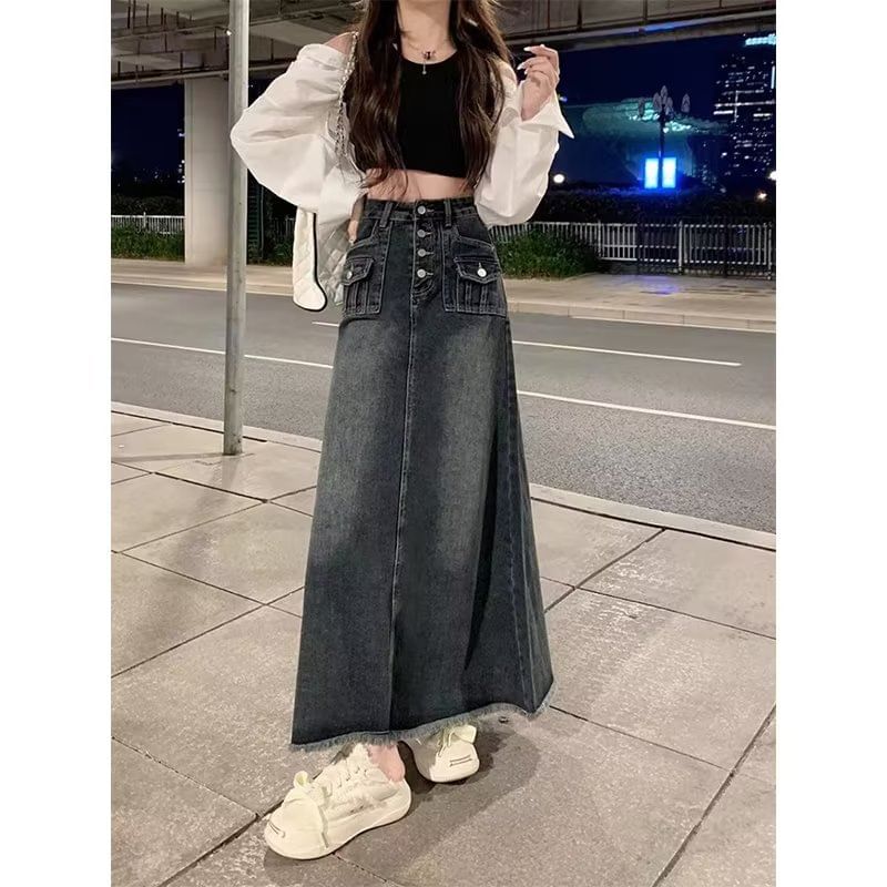 Washed Denim Maxi A-Line Skirt with Button Fly